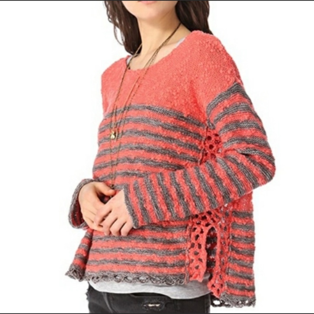 Free People - “French Creek” Coral Pink and Gray Striped Crochet Sweater